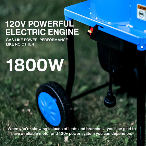 Close-up of Electric Leaf Mulcher Shredder For Yard Cleanup, Heavy Duty 120V engine, emphasizing 1800W power, blue frame.