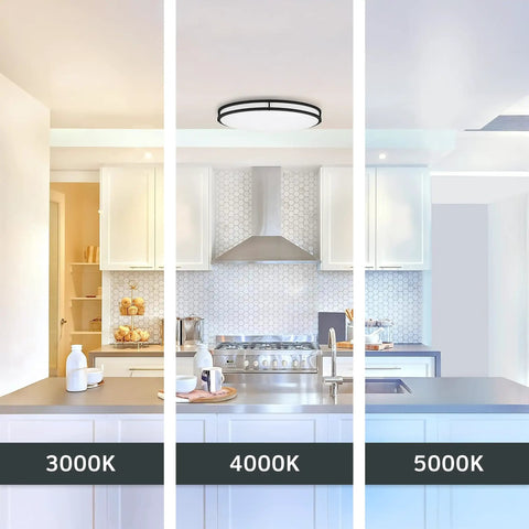 Matte Black 24 Inch Oval LED Flush Mount Ceiling Light With Dimmable Bright Output Triple Color Temperature 3000K 4000K 5000K 2800 Lumens Ideal For Kitchen Bedroom Bathroom Hallway And Living Areas shown in kitchen setting