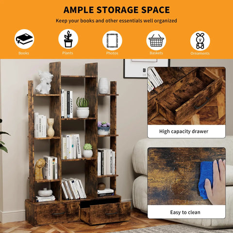 Vintage Industrial Freestanding Bookcase With 12 Shelves And 2 Drawers In Rustic Brown Finish For Living Room Bedroom Study Or Home Office A Dope Space Saving Storage Organizer That Showcases Books Decor And More with plants, books, and decor.