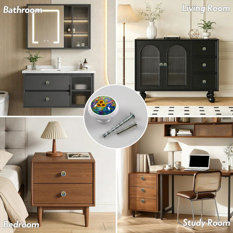 Four Pack Colorful Wildflower Stained Glass Cabinet Knobs For Kitchen And Bath displayed on furniture in different rooms