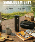 Upgraded High Speed Electric Coffee Grinder With Heavy Duty Stainless Steel Burrs For Quick Perks And Smooth Pour Over Grinds In A Durable Matte Black Build Made For Hustle Ready Mornings on a table with coffee and travel case.