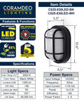 Diagram of Outdoor 10 Point 6 Inch Oval LED Nautical Bulkhead Light with dimensions and specifications listed.