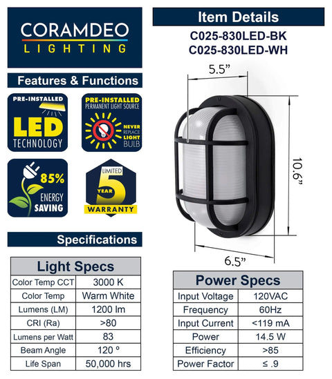 Diagram of Outdoor 10 Point 6 Inch Oval LED Nautical Bulkhead Light with dimensions and specifications listed.