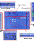 Heat Resistant Soldering Mat With Storage Slots Built In Ruler Magnetic Zones PCB Slot Bendable Silicone Work Surface For Electronics And DIY Projects 17.32 By 12.20 Inches Withstand Up To 932F A Tinker Friendly Pro Grade Desk Pad shown with storage features and ruler.