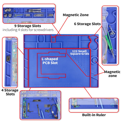 Heat Resistant Soldering Mat With Storage Slots Built In Ruler Magnetic Zones PCB Slot Bendable Silicone Work Surface For Electronics And DIY Projects 17.32 By 12.20 Inches Withstand Up To 932F A Tinker Friendly Pro Grade Desk Pad shown with storage features and ruler.
