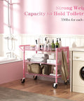 Rock Solid Heavy Duty Pink Metal Rolling Cart With Three Roomy Shelves And Smooth Rolling Wheels built tough as nails for organizing toiletries.