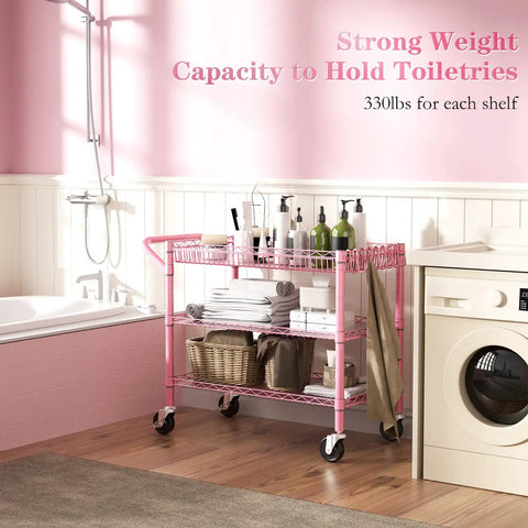 Rock Solid Heavy Duty Pink Metal Rolling Cart With Three Roomy Shelves And Smooth Rolling Wheels built tough as nails for organizing toiletries.