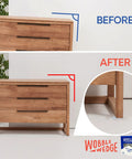 Before and after using Heavy Duty Leveling Shims for Furniture and Appliances, showing stabilized wooden cabinet.