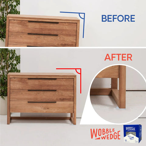 Before and after using Heavy Duty Leveling Shims for Furniture and Appliances, showing stabilized wooden cabinet.
