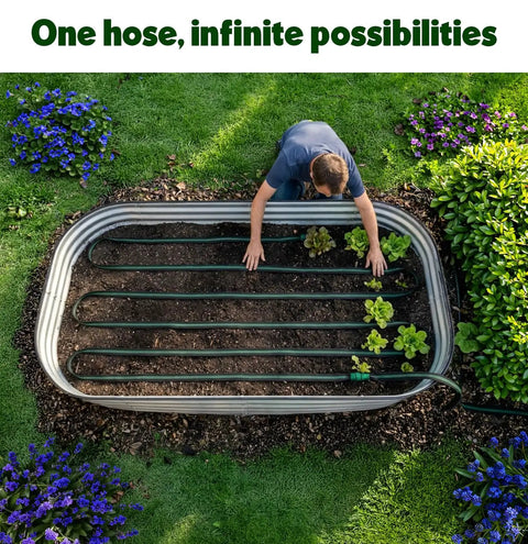 Garden bed with Flat Soaker Hose 50ft for garden beds and lawns, quick connect heavy duty leakproof drip system