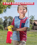 Child playing with Automatic Bubble Blower Fire Extinguisher Style Bubble Machine outdoors