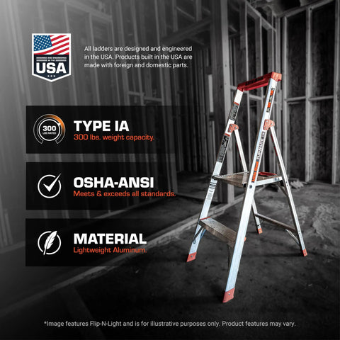 Flip N Lite 6 Foot Aluminum Stepladder With Full Size Standing Platform And Easy Release Handle For Quick Setup No Pinching And Lightweight Home And Job Site Ladder For Reaching High Areas. 6-foot aluminum stepladder in framed interior