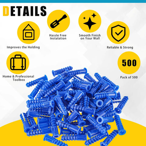 Bulk pack of blue ribbed plastic drywall anchors for light-duty picture mounting, 500 pieces with anti-rotation rib design.