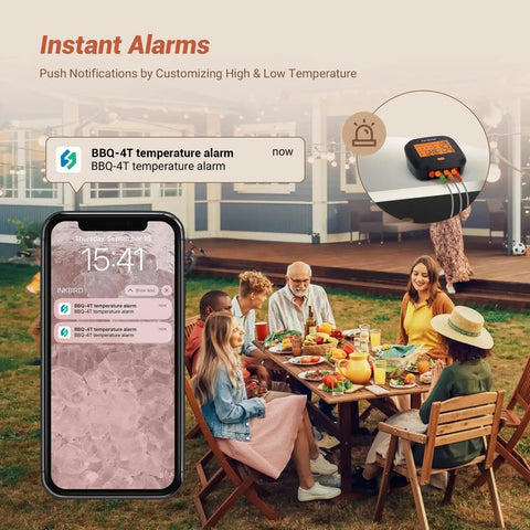 WiFi Meat Thermometer For Smoker And Oven With Four Probes and app alerts on smartphone by outdoor dining table