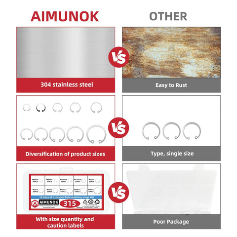 Comparison of Aimuok Internal Snap Ring Kit 315 Pieces 7 Size M8 To M20 E Clip Assortment For Grooved Shafts And Studs 304 Stainless Steel