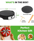 Electric Crepe Maker And Griddle 12 Inch Nonstick Reversible Hot Plate With Adjustable Temperature shown with accessories