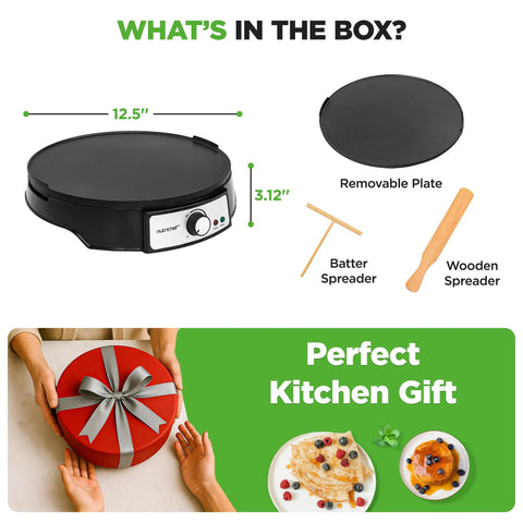 Electric Crepe Maker And Griddle 12 Inch Nonstick Reversible Hot Plate With Adjustable Temperature shown with accessories