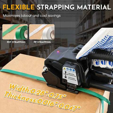 Cordless Electric Strapping Tool For Pet And Pp Straps Featuring Adjustable Tension Up To 3500N with green PET strap.