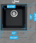 Top view of E-100 Midnite Quartztone Bar Sink Dual Mount 13x13 Inch Single Bowl Black with dimensions on gray background.