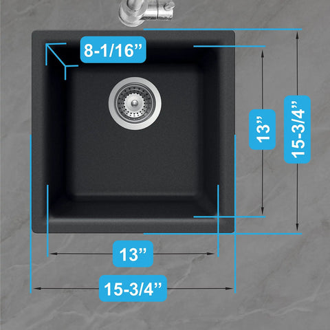 Top view of E-100 Midnite Quartztone Bar Sink Dual Mount 13x13 Inch Single Bowl Black with dimensions on gray background.