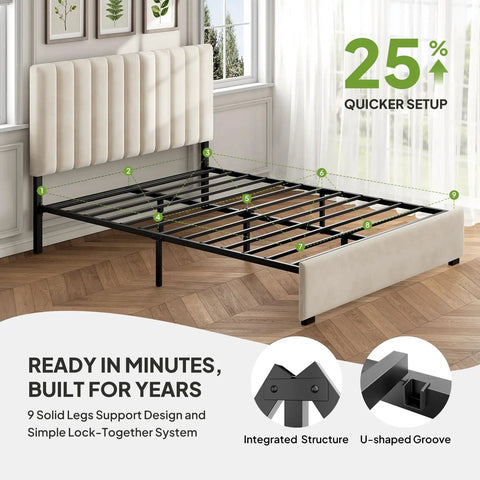 Queen Velvet Upholstered Bed Frame With Tufted Headboard, Adjustable Three Tier Metal Platform Base, Sturdy Metal Slats, Straight Up Noise Free Assembly, Dope White Vibe For Your Main Bedroom, showcasing quick setup features.