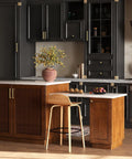 Modern kitchen with dark cabinets featuring 5 Pack Brushed Gold Cabinet Knobs Made From Solid Zinc Alloy