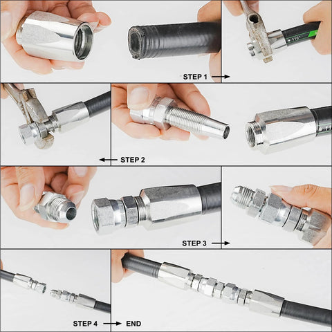 ANCIMOON 2PCS 3/8in reusable hydraulic fittings kit; Step 1-4 assembly with hose and metal adapters