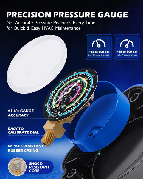 Three Way AC Manifold Gauge Set With Five Foot Hoses For R410A R32 R22 And R454B Refrigerants Includes Safety Valves Adapters Valve Core Wrench And High Accuracy 2.6 Inch Gauges For Pro Grade Diagnostics, precision pressure gauge with shock-resistant rubber casing
