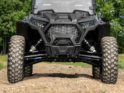 1.5 Inch Forward Offset A Arms For Polaris RZR XP 1000 And XP 4 1000 Fits Up To 33 Inch Tires 1.25 Inch Tubing 25 Percent Bigger Than Stock Black Finish Includes Standard Duty Ball Joints Off Road Ready Upgrade installed on Polaris RZR with 33 inch tires