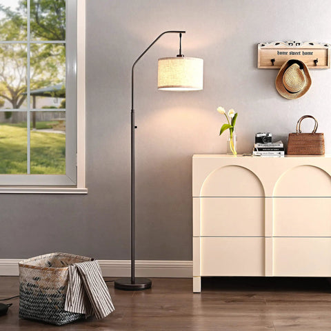 Bronze Arched Floor Lamp With Hanging Lampshade, Tall Arc Lamp for living room, features stepless dimming rotary switch, easy setup