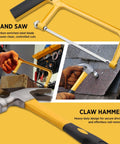 Must-Have 237-Piece Household And Auto Repair Tool Kit With Screwdrivers Sockets Wrenches Pliers Tape Measure Hammer Saw And Portable Plastic Case For DIY Projects At Home Or On The Go with a close-up of a hand saw and claw hammer.