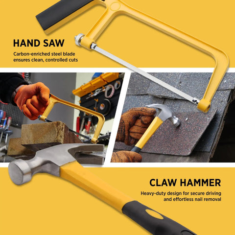 Must-Have 237-Piece Household And Auto Repair Tool Kit With Screwdrivers Sockets Wrenches Pliers Tape Measure Hammer Saw And Portable Plastic Case For DIY Projects At Home Or On The Go with a close-up of a hand saw and claw hammer.