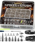 Dope Punk Spikes And Studs Kit With 500 Sets In 11 Sizes for jackets shoes belts bags laid out with durable metal rivets