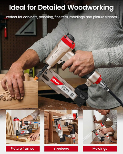 Pneumatic 23 Gauge Pin Nailer Bundle With 10000 Piece Galvanized Pins for detailed woodworking tasks like cabinets and moldings.