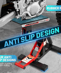Beefy Dirt Bike Stand With 1000 Lb Hydraulic Lift Jack Hoist Table supporting a dirt bike, highlighting anti-slip design and rubber pad features.