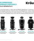 Four Kraus WasteGuard garbage disposals with different horsepower ratings, labeled in a row, shown on a white background.