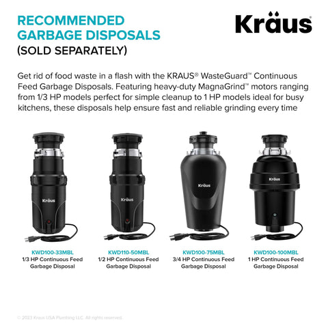 Four Kraus WasteGuard garbage disposals with different horsepower ratings, labeled in a row, shown on a white background.