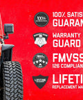 Red Jeep with bumper winch, 100% satisfaction guarantee, warranty guard, FMVSS 126 compliant, lifetime replacement warranty.