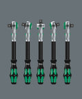 Five ratchet handles from the Three Eighths Inch Ratchet Set With Eighteen Metric Sockets Two Flexible Lock Extensions.