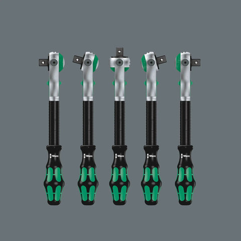 Five ratchet handles from the Three Eighths Inch Ratchet Set With Eighteen Metric Sockets Two Flexible Lock Extensions.