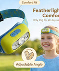Kid Friendly Motion Sensor Headlamp shown on a child's head, green with adjustable band, perfect for camping and emergencies.