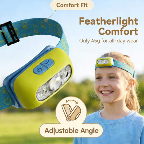 Kid Friendly Motion Sensor Headlamp shown on a child's head, green with adjustable band, perfect for camping and emergencies.