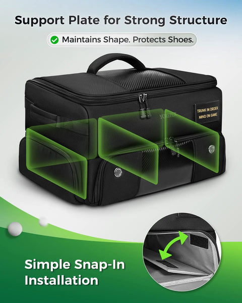 Black premium golf trunk organizer for cars with insulated pouch and dust proof layer, multi compartment design shown.