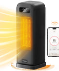 Smart Indoor Space Heater With Wi Fi And Voice Control 1500W Portable Electric Heater With Thermostat beside app on screen