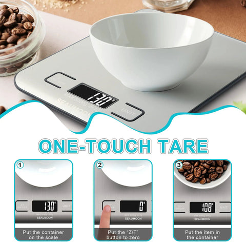 Pro Grade Kitchen Scale For Precision Cooking And Meal Prep With Stainless Steel Body And Clear LCD Display Tare Function Works In Grams Ounces And Milliliters From 1g To 11lb 5kg A Game Changer For Coffee And Baking with white bowl on surface