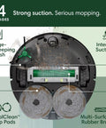 Bottom view of Roomba Plus 405 Combo Robot Vacuum And Mop with labeled components for intense suction and DualClean mop pads.
