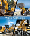 Various construction vehicles, including a digger and loader, showcasing applications for 2 Spool Hydraulic Flow Control Valve 21 GPM Directional Valve With Adjustable Joystick For Double Acting Tractors Loaders Tanks And Log Splitters Beefed Up For Heavy Duty Workhorse Applications.