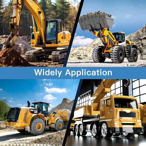 Various construction vehicles, including a digger and loader, showcasing applications for 2 Spool Hydraulic Flow Control Valve 21 GPM Directional Valve With Adjustable Joystick For Double Acting Tractors Loaders Tanks And Log Splitters Beefed Up For Heavy Duty Workhorse Applications.