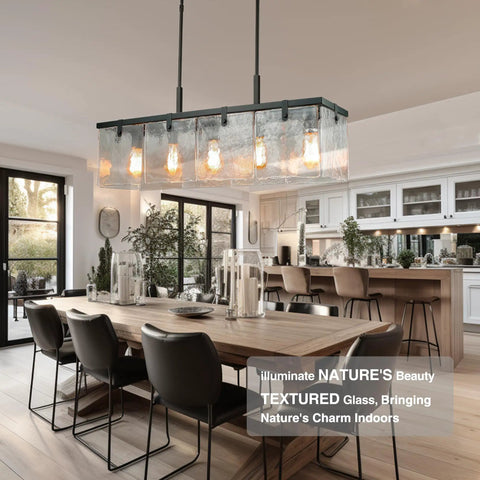 Textured Glass Chandelier With Water Ripple Panels For Dining Room And Kitchen Island hanging over dining table.