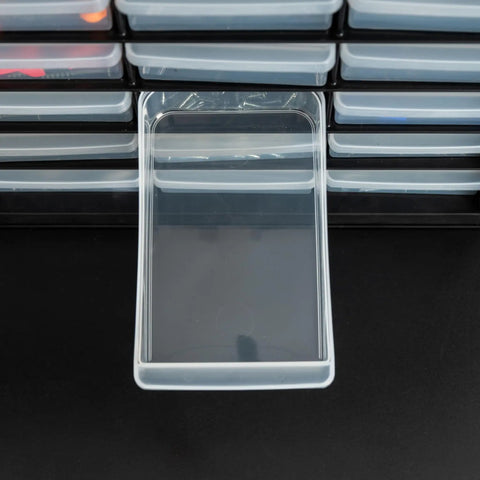 Close-up of an open drawer in a 24 Drawer Plastic Storage Organizer Cabinet For Garage Tools Beads Crafts Balloons Building Bricks Stickers And Small Biz Supplies Durable Black Storage Organizer Made In USA For Easy Centralized Tidying